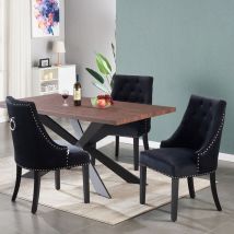 Life Interiors - Duke lux Windsor Dining Set - Mesa de comedor de madera de nogal y juego de 4 sillas de comedor de terciopelo negro - Comedor Cocina