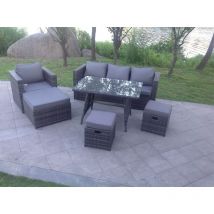 Dunkelgrau Gemischt Rattan Garten Sofa Set Sessel Rechteckiger Esstisch 2 Großer Hockern 2 Kleine Hockern 7-sitzer