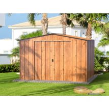 Duramax - Cabane à outils en métal 3,2x2,4m aspect bois Marron Zingué, 0,5 mm Épaisseur de paroi 321,8 x 243,5 cm