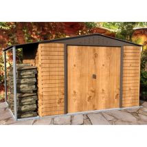 Duramax - Metall-Gerätehaus Alpine 3x2,4m Holzoptik mit Anbau Gerätehaus aus Metall in Braun, Geräteschrank mit 0,31 mm Wandstärke Gartenhaus braun