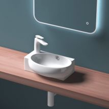 Durovin Bathrooms - Ceramic Basin - Wall Hung or Counter Top Mount Sink - Single Corner Tap Hole With Overflow - 420 x 280 x 150mm (WxDxH)