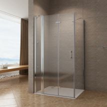 Duschkabine Eckeinstieg rahmenlos , Drehfalttür+ festem Seitenteil , Duschtür Glas und Seitenwand inkl. Eckablage Nanoglas Klar 6 mm 9.100x75x197cm