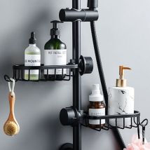 Duschregal und Aufbewahrung – 2er-Set Duschregal ohne Bohren aus Edelstahl, Teleskop-Edelstahl-Badezimmerregal, Seifenschale, Duschstange, schwarz
