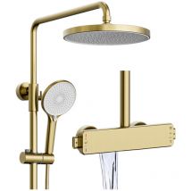 Esip - Duschsystem mit Thermostat Gold, 3 Funktions Duscharmatur Komplettset Höhenverstellbar Duschset Regendusche Set mit Armatur Wasserfall,