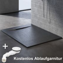 Sonni - Duschtasse 90 Duschwanne Flach Schwarz smc für Duschkabine Badezimmer Schiefer-Textur inkl.Ablaufgarnitur,Antirutsch,Schneidbaren Design