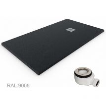 Quarz Duschtasse aus extraflachem Harz, Ventil und Geschenkgitter, Schwarz Ral. 9005 80X140CM