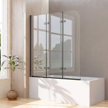 Duschwand für Badewanne 120x140cm 3-teilig Faltbar, Schwarz Duschabtrennung Glas Badewannenaufsatz Duschtrennwand Duschwand aus 5mm esg Nano