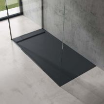 doporro Duschtasse Duschwanne 80x160x4 flach Mineralguss in Anthrazit inkl. Ablaufgarnitur AL01 DIN-Anschlüsse für bodenebene Montage geeignet Geoma04