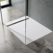 Doporro - Duschtasse Duschwanne 75x100x4 flach Mineralguss in Weiß inkl. Ablaufgarnitur AL01 DIN-Anschlüsse für bodenebene Montage geeignet Geoma04