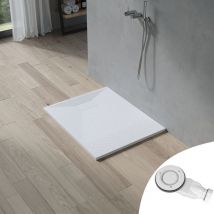 Duschwanne weiß Brausewanne mit Ablaufgarnitur Steinoptik Antirutsch, Sheet-Molding-Compound(SMC), 4. 100x80 cm, Ablaufloch ∅ 90 mm