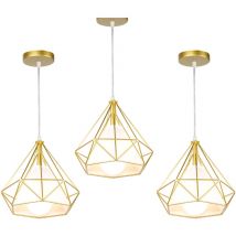 Axhup - Lustre Suspension Vintage Rétro Industrielle Plafonnier Luminaire Cage Diamant en Métal E27 40W Doré 3PCS