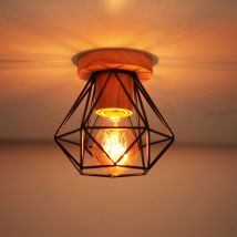 E27 Plafonnier Industriel Rétro Industrielle Luminaire Plafonnier Abat-jour Cage Noir Lampe de Plafond Métal Bois Ø15,5CM - 1Pcs