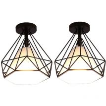 E27 Plafonnier Moderne Lampe de Plafond Abat-jour Diamant en Métal Tissu Suspension Luminaire Créatif Ø25CM Noir - 2Pcs