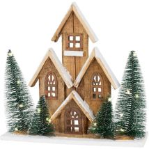 Home Styling - ecd Germany Casa de Navidad de Madera con Iluminación led Blanco Cálido 32x9x30 cm a Pilas con Temporizador, Hogar Decorativo con