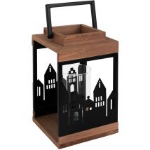 Ecd Germany - Holzlaterne 22 Cm, Gartenlaterne Mit Kerzenständer Und Henkel, Stadt Muster, Naturholz, Metall, Glas, Windlicht Deko-laterne, 