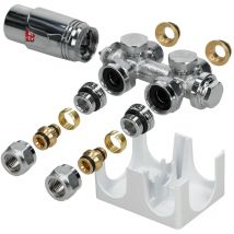 Ecd Germany - Ventil-Armaturen Set Multiblock Weiß Universal Eck- und Durchgangsform inkl. Thermostatkopf für Badheizkörper mit Mittelanschluss