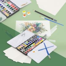 Set d'Aquarelle 48 Couleurs dans une Boîte Portable, 3 Pinceaux, 1 Crayon 2B, 2 Crayons Aquarelle, 4 Papiers Aquarelle, Palette d'Aquarelle, Kit