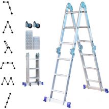 Scala pieghevole articolata stavalance 4x3 gradini, ponteggio multifunzione, distanziatore per muro, sgabello, 2 piastre per piattaforma di lavoro,