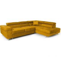 Ecksofa Aller L-form mit Schlaffunktion und Bettkasten in Gelb (Kronos 42), Rechts Ottomane