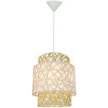 Sampa - Eclairage plafond design Quito 160cm réglable rotin et tissu blanc compatible led