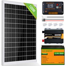 120W 12V Solar Panel Kit 0.5 kWh/día: Panel Solar Monocristalino de 120 w + Batería de Litio LiFePO4 de 50Ah + Inversor de 600W + Regulador de Carga