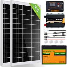 240W 12V Kit panneau solaire avec batterie rechargeable LiFePO4 lithium batterie 100Ah 12V,contrôleur de charge 30A,onduleur 600W 12V pour maison rv