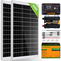 240W 12V Kit panneau solaire avec batterie rechargeable lithium LiFePO4 50Ah 12V,contrôleur de charge 30A,onduleur 600W 12V pour maison rv