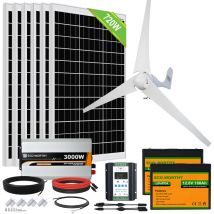 4,6 kW/Giorno Kit Eolico Solare 1160W 12V: Generatore Turbina Eolica 400W + 6 Pannelli Solari 120 w + Inverter da 3000W 24V + 2 Batterie LiFePO4