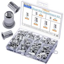 Crous à rivets 140 pièces, kit combiné d'écrous à rivets à insert métrique, écrous à rivets à tête plate en aluminium, adaptés à l'automobile, à la