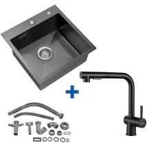 Edelstahl Küchenspüle dunkelgrau + Hochdruck Ausziehbare Küchenarmatur schwarz, Einbau Spülbecken für ab 50 cm Küchenschrank
