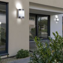 Wandlampe Fassadenleuchte Außenwandleuchte Edelstahl Gartenlampe silber, Glas satiniert, 1x E27, LxH 14x16,5 cm, 2er Set