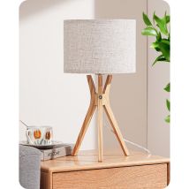 Edishine Nachttischlampe Holz, Led Tischlampe Wohnzimmer, Tisch Lampe Vintage Mit Kabel, Leinen Lampenschirm, Landhausstil, E27 Lampe, Stativ Für 