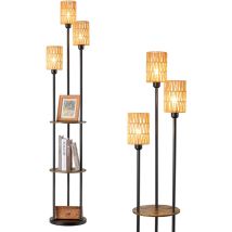 Edishine Stehlampe Wohnzimmer 178cm, 3-flammige Vintage Stehleuchte Mit Regal & Rattan-lampenschirm, 3 X E27-fassung, Inkl. Leuchtmittel, Boho 