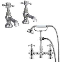 Churchill Traditional Set of Twin Basin Cross Head Taps & Bath Shower Mixer Tap with Handheld Kit