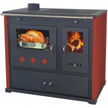 Prometey - eek a+ Kaminofen mit Backfach und Herdplatte Pracktik Lux Rot links Holzofen 9,5 kW Kamin Ofen Dauerbrandofen Werkstattofen Schwedenofen
