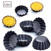 Egg Tart Pan 12 Pieces Mini Cake Pan 7.5cm Carbon Steel Pancake Pan (Black)
