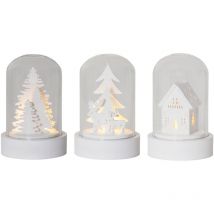 EGLO LED Weihnachtsdeko, 3er-Set Deko-Glasglocken, Winterlandschaft batteriebetrieben mit Licht, Tischdeko Weihnachten aus weißem Holz und Glas,