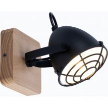 Applique salon applique murale salle à manger lampe industrielle, métal noir bois aspect grille naturelle, spot mobile E14, H 20,5 cm