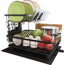 Egoutoire Vaisselle Cuisine 2 Niveaux, Égouttoir Vaisselle en Acier Inoxydable avec Porte-Gobelets et Porte-Ustensiles, Grande Noir Séchoir à