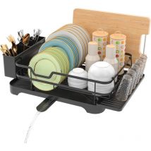 Egoutoire Vaisselle Cuisine,Égouttoir Vaisselle en Acier Inoxydable avec Porte-Gobelets et Porte-Ustensiles,avec Vidange Automatique
