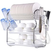 Égouttoir à vaisselle Acier inoxydable trois couches avec deux assiettes Égouttoir à vaisselle de cuisine (porte-baguettes + porte-gobelet) 42×25×43