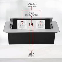 L&h-cfcahl - Einbausteckdose, silberne Arbeitsplatten-Steckdosenleiste, einziehbare Steckdosenleiste mit 2 Steckdosen und USB-Anschluss und