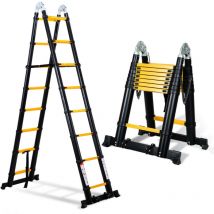 EINFEBEN Échelle télescopique Aluminium 2,5m+2,5m noir+jaune sans crochets Avec stabilisateur Avec roues charge max. 150 kg