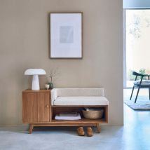 Bank aus massivem Teakholz und Bouclé-Stoff 120 cm