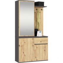 Eingangsmöbel-Set ENTRO mit Kleiderschrank und Spiegel Grau, Eiche Artisan 3 Türen 1 Schublade 7 Einlegeböden 95x35x183 cm
