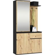 Eingangsmöbel-Set entro mit Kleiderschrank und Spiegel Schwarz, Eiche Artisan 3 Türen 1 Schublade 7 Einlegeböden 95x35x183 cm