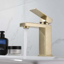Einhebel-Waschtischarmatur, modernes kreatives Design, glänzender Einloch-Wasserhahn, gebürstetes Gold, massives Messing (2 Schläuche im Lieferumfang