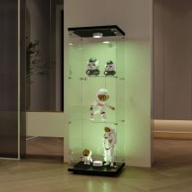Eintürige Glasvitrine, 3 Regale, Glasvitrine mit Schloss und LED-Licht, für Sammlerstücke, Glasschließfächer für Büro, Wohnzimmer, Schwarz