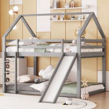 Redom - Doppelbett, Kinderbett, Etagenbett mit Rutsche und Leiter, Kinderzimmer Doppel-Hochbett, grau, 140 x 200 cm