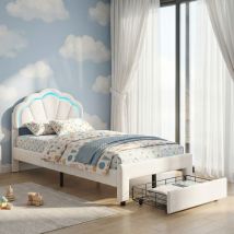 Einzelbett 90x200, Led-beleuchtung Und Stauraumschublade, Kinderbett Mit Verstellbarem Kopfteil In Muschelform, Samtbezug, Moderner Prinzessinnen-stil